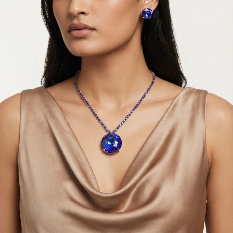 Gold Plated Blue Crystal Necklace &amp; Earring Set