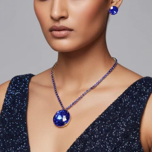 Gold Plated Blue Crystal Necklace &amp; Earring Set